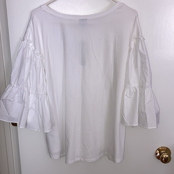 Chico's Size 4, XXL, Knit Woven Tier Alabaster Blouse, Wide ruffle bell sleeves - Picture 6 of 12